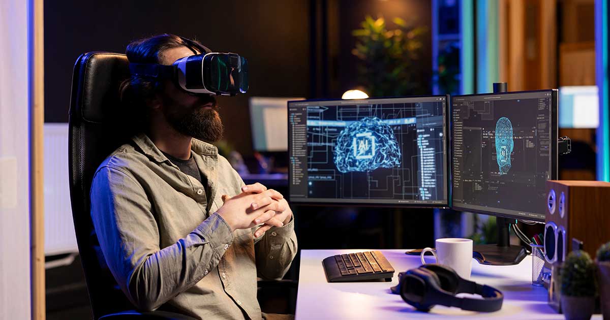 Nutzer arbeitet mit virtueller Realität und KI auf digitalen Plattformen