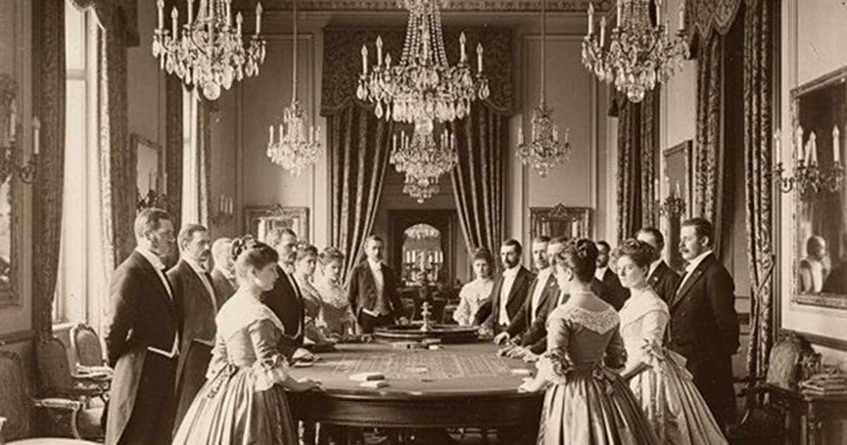 Historische Aufnahme eines Roulettetisches im 19. Jahrhundert mit elegant gekleideten Damen und Herren in einem prunkvollen Casino-Saal.