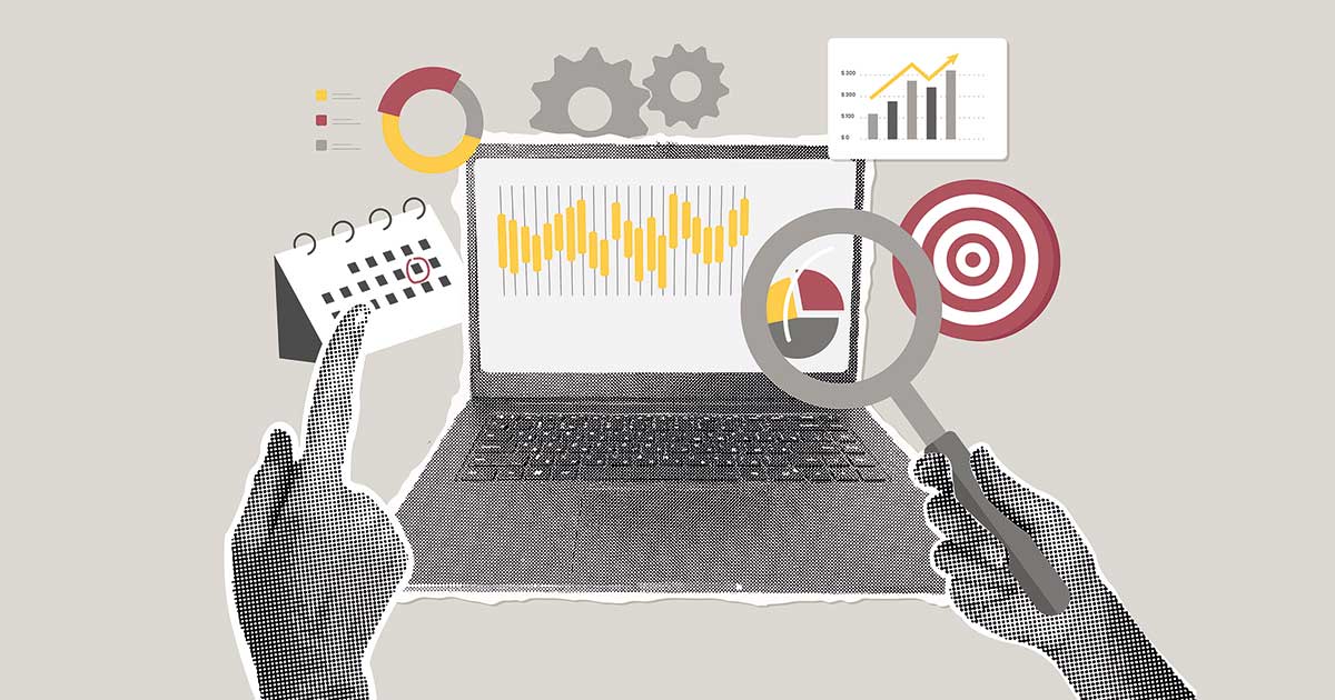Illustration eines Laptops mit Diagrammen, Kalender, Zielscheibe und Lupe – symbolisiert die Planung und Finanzierung kreativer Projekte