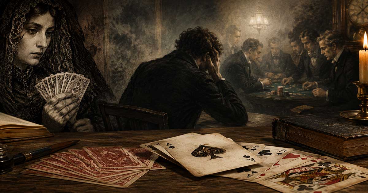 Illustration mit Spielkarten, Büchern und historischer Atmosphäre als Sinnbild für Schicksal, Zufall und die symbolische Bedeutung des Kartenspiels in der klassischen Literatur.