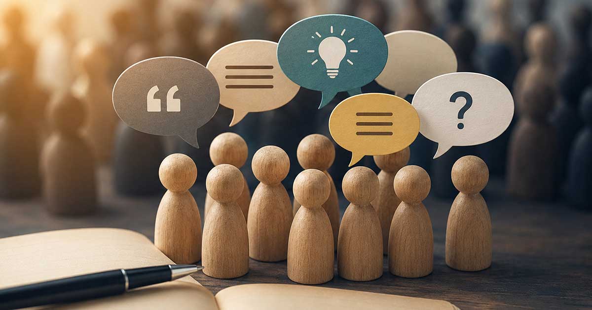 Symbolische Darstellung von Menschen mit Sprechblasen als Sinnbild für die Macht der Sprache und ihre Wirkung auf Kommunikation und Gesellschaft