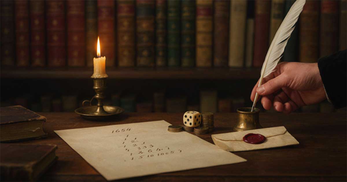 Historische Schreibszene mit Feder, Brief, Würfel und Kerze als Symbol für den Briefwechsel von Pascal und Fermat im Jahr 1654.