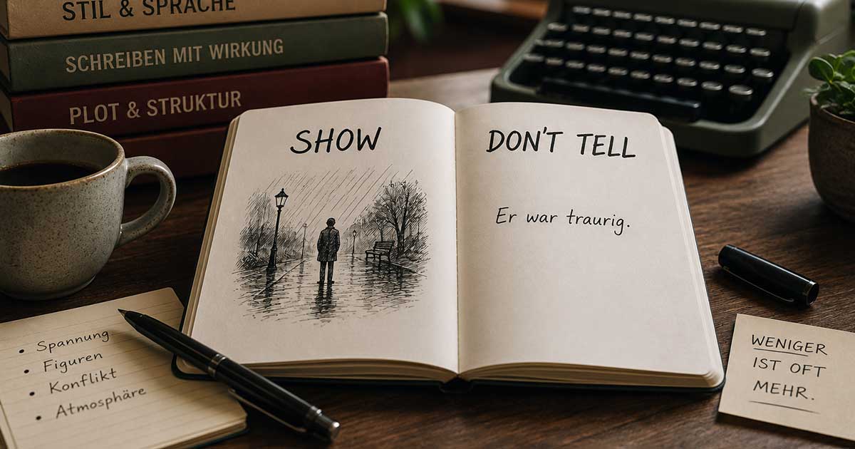 Offenes Notizbuch auf einem Schreibtisch veranschaulicht den Unterschied zwischen Show, don't tell und direktem Erzählen beim kreativen Schreiben