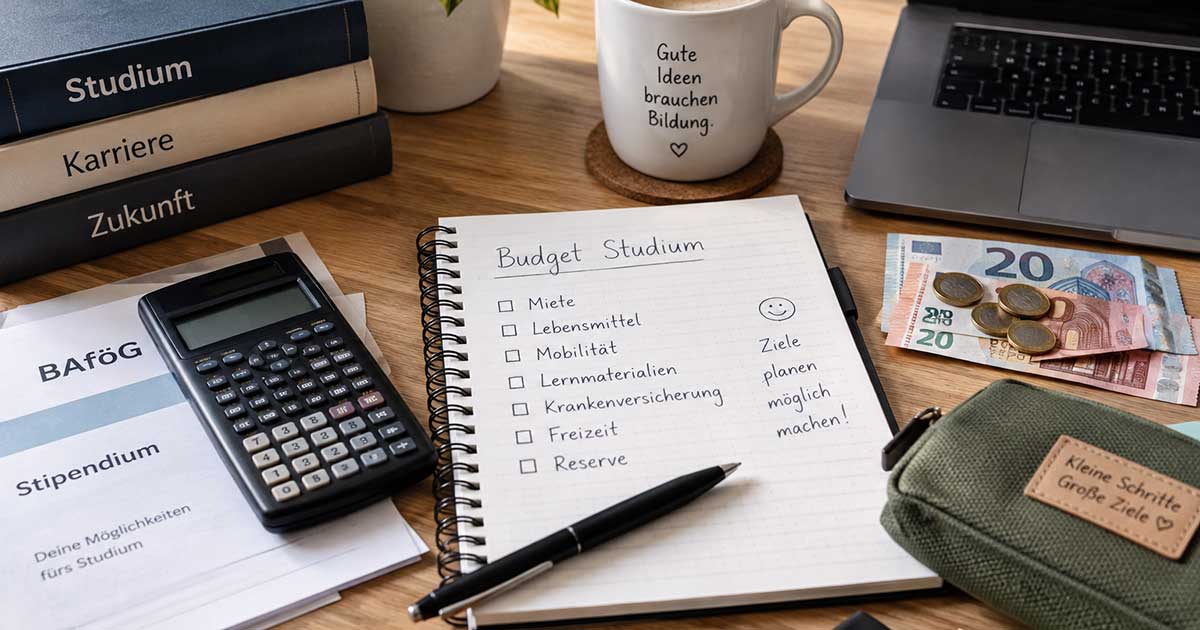 Studienunterlagen und Taschenrechner zur Planung der Studienfinanzierung
