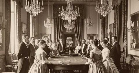 Historische Aufnahme eines Roulettetisches im 19. Jahrhundert mit elegant gekleideten Damen und Herren in einem prunkvollen Casino-Saal.