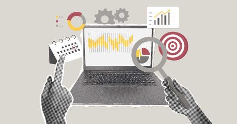 Illustration eines Laptops mit Diagrammen, Kalender, Zielscheibe und Lupe – symbolisiert die Planung und Finanzierung kreativer Projekte