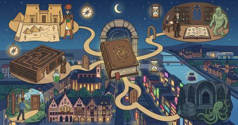 Illustration zum Motiv des geheimnisvollen Buches mit Totenbuch, Bibliothek, Labyrinth, Lovecraft und fantastischen Welten der Weltliteratur