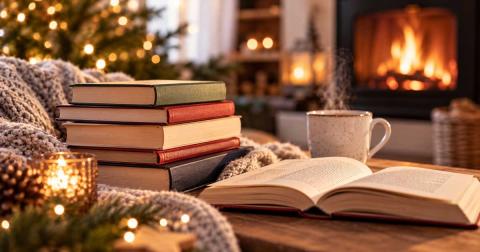 Gemütliche Weihnachtsstimmung mit Büchern, einer Tasse Tee und einem Kaminfeuer im Hintergrund.