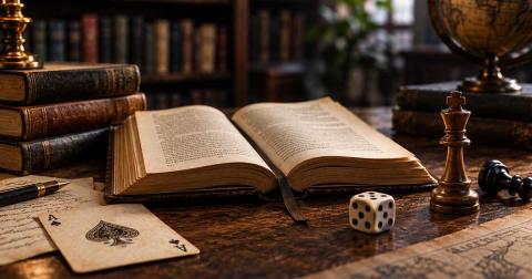 Buch, Spielkarte, Würfel und Schachfigur als Symbole für Entscheidungen in der Literatur