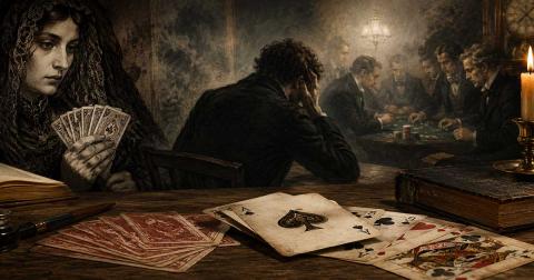 Illustration mit Spielkarten, Büchern und historischer Atmosphäre als Sinnbild für Schicksal, Zufall und die symbolische Bedeutung des Kartenspiels in der klassischen Literatur.