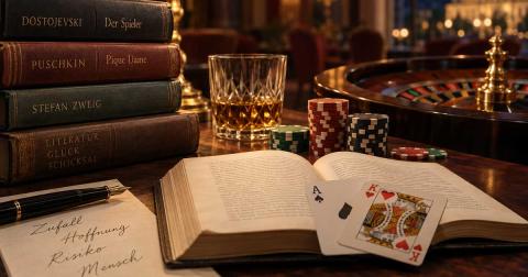 Literatur über Glücksspiel und Risiko mit Büchern, Roulette und Spielkarten