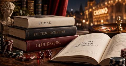 Aufgeschlagene Bücher und klassische Buchbände in einer abendlichen Szenerie.