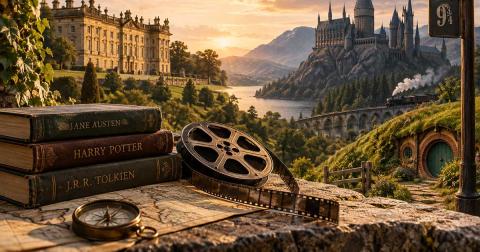 Literarische Schauplätze zwischen Roman und Film mit Schloss, Herrenhaus, Eisenbahn und Filmrolle