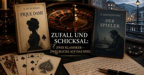 Illustration zu Puschkins „Pique Dame“ und Dostojewskis „Der Spieler“ mit Spielkarten, Roulette und klassischer Literatur als Symbol für Zufall und Schicksal.