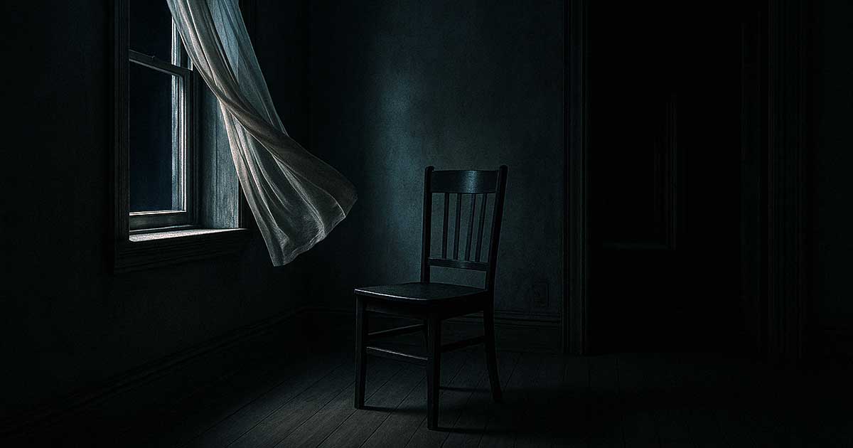 Dunkler, verlassener Raum mit offenem Fenster und vom Wind bewegtem Vorhang, ein einzelner Stuhl im Schatten