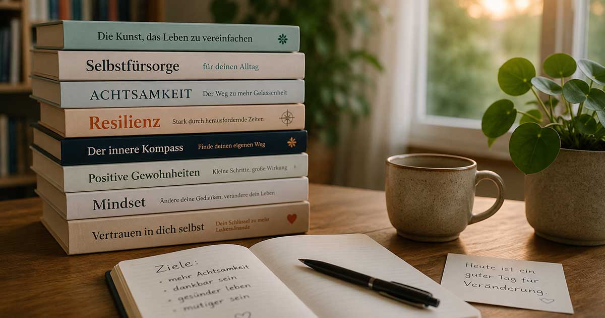 Stapel Selbsthilfebücher auf einem Holztisch neben Notizbuch und Tasse als Symbol für Orientierung und persönliche Weiterentwicklung