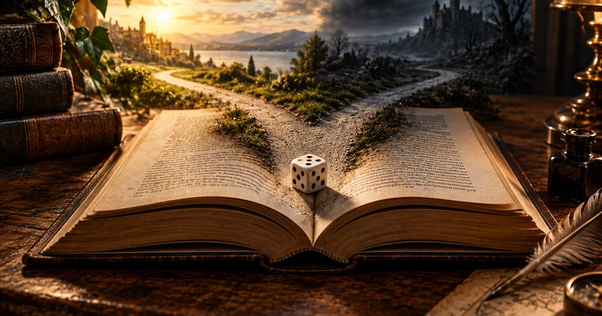 Aufgeschlagenes Buch mit Weggabelung als Symbol für Zufall und Wendepunkte in der Literatur