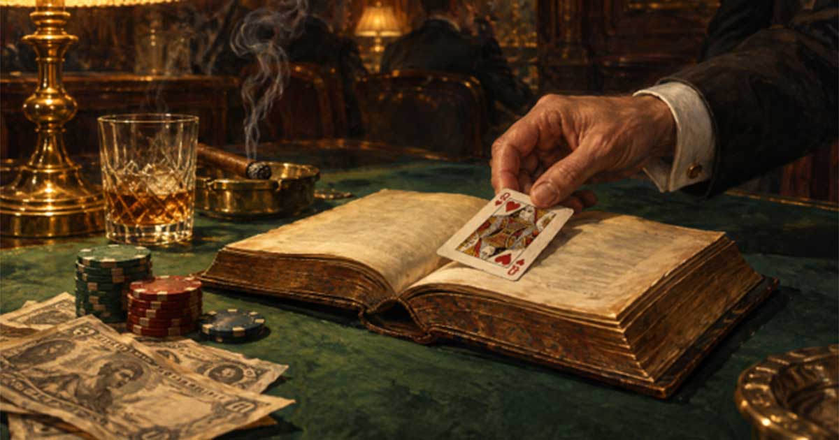 Historischer Spieltisch mit Karten, Jetons und aufgeschlagenem Buch